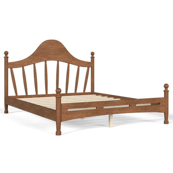 English Elm Queen Platform Bed Solid Pine Curved Headboard Low Profile Frame for Modern Bedroom Antique Brown W5305S00098