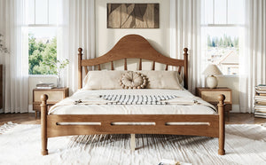 English Elm Queen Platform Bed Solid Pine Curved Headboard Low Profile Frame for Modern Bedroom Antique Brown W5305S00098