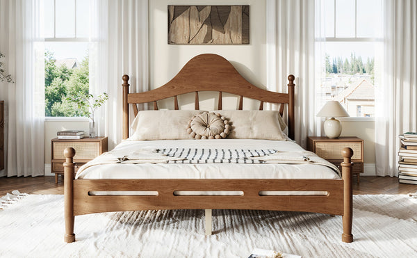 English Elm Queen Platform Bed Solid Pine Curved Headboard Low Profile Frame for Modern Bedroom Antique Brown W5305S00098