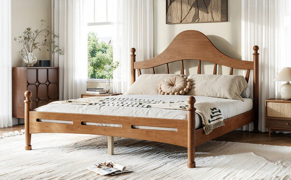 English Elm Queen Platform Bed Solid Pine Curved Headboard Low Profile Frame for Modern Bedroom Antique Brown W5305S00098