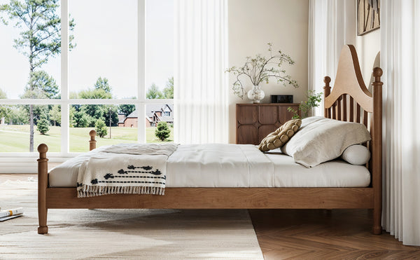 English Elm Queen Platform Bed Solid Pine Curved Headboard Low Profile Frame for Modern Bedroom Antique Brown W5305S00098