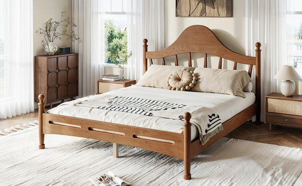 English Elm Queen Platform Bed Solid Pine Curved Headboard Low Profile Frame for Modern Bedroom Antique Brown W5305S00098