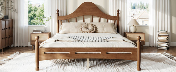English Elm Queen Platform Bed Solid Pine Curved Headboard Low Profile Frame for Modern Bedroom Antique Brown W5305S00098