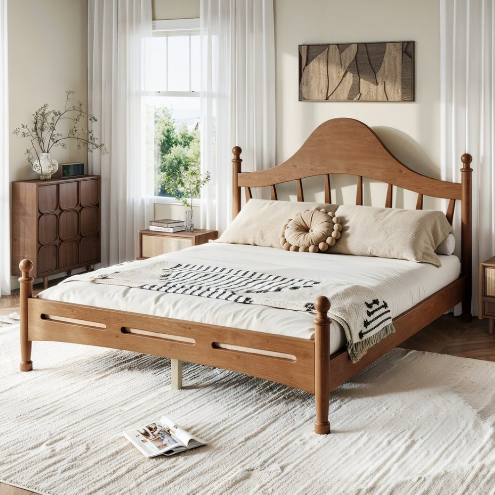 English Elm Queen Platform Bed Solid Pine Curved Headboard Low Profile Frame for Modern Bedroom Antique Brown W5305S00098