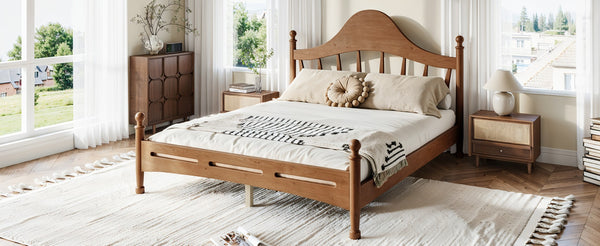 English Elm Queen Platform Bed Solid Pine Curved Headboard Low Profile Frame for Modern Bedroom Antique Brown W5305S00098