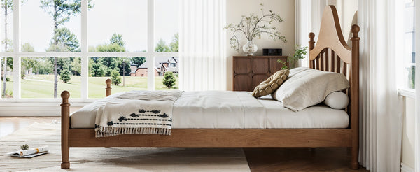 English Elm Queen Platform Bed Solid Pine Curved Headboard Low Profile Frame for Modern Bedroom Antique Brown W5305S00098