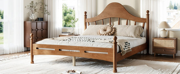 English Elm Queen Platform Bed Solid Pine Curved Headboard Low Profile Frame for Modern Bedroom Antique Brown W5305S00098