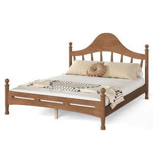 English Elm Queen Platform Bed Solid Pine Curved Headboard Low Profile Frame for Modern Bedroom Antique Brown W5305S00098