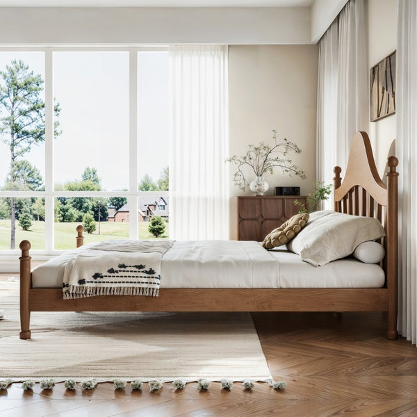 English Elm Queen Platform Bed Solid Pine Curved Headboard Low Profile Frame for Modern Bedroom Antique Brown W5305S00098
