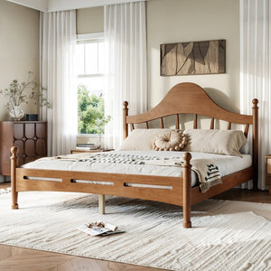 English Elm Queen Platform Bed Solid Pine Curved Headboard Low Profile Frame for Modern Bedroom Antique Brown W5305S00098