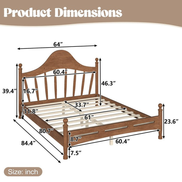 English Elm Queen Platform Bed Solid Pine Curved Headboard Low Profile Frame for Modern Bedroom Antique Brown W5305S00098