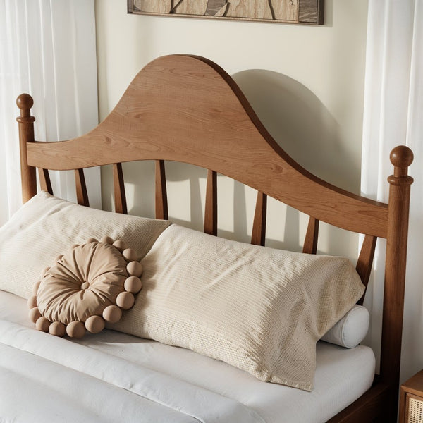 English Elm Queen Platform Bed Solid Pine Curved Headboard Low Profile Frame for Modern Bedroom Antique Brown W5305S00098