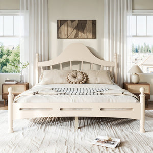 English Elm Queen Platform Bed Solid Pine Curved Headboard Low Profile Frame for Modern Bedroom Beige W5305S00099