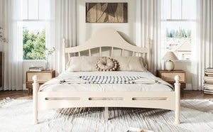 English Elm Queen Platform Bed Solid Pine Curved Headboard Low Profile Frame for Modern Bedroom Beige W5305S00099
