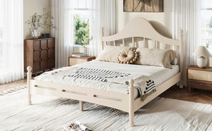 English Elm Queen Platform Bed Solid Pine Curved Headboard Low Profile Frame for Modern Bedroom Beige W5305S00099