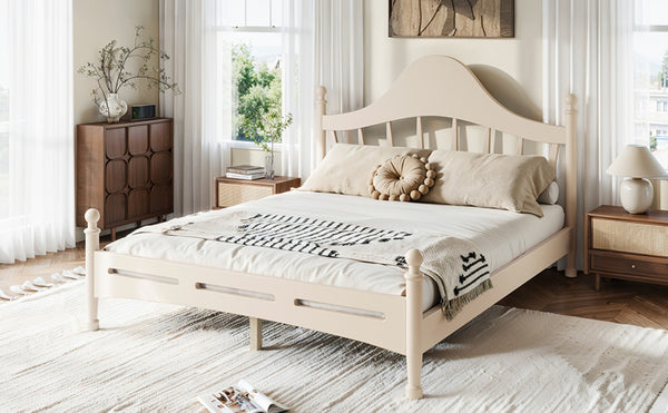 English Elm Queen Platform Bed Solid Pine Curved Headboard Low Profile Frame for Modern Bedroom Beige W5305S00099