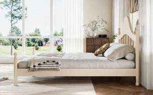 English Elm Queen Platform Bed Solid Pine Curved Headboard Low Profile Frame for Modern Bedroom Beige W5305S00099