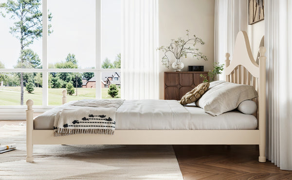 English Elm Queen Platform Bed Solid Pine Curved Headboard Low Profile Frame for Modern Bedroom Beige W5305S00099