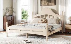 English Elm Queen Platform Bed Solid Pine Curved Headboard Low Profile Frame for Modern Bedroom Beige W5305S00099