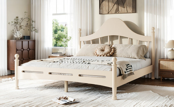 English Elm Queen Platform Bed Solid Pine Curved Headboard Low Profile Frame for Modern Bedroom Beige W5305S00099