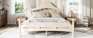English Elm Queen Platform Bed Solid Pine Curved Headboard Low Profile Frame for Modern Bedroom Beige W5305S00099