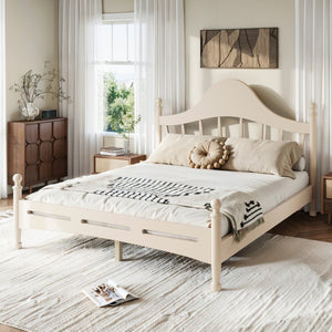 English Elm Queen Platform Bed Solid Pine Curved Headboard Low Profile Frame for Modern Bedroom Beige W5305S00099