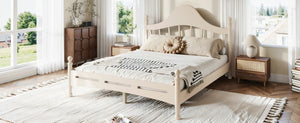 English Elm Queen Platform Bed Solid Pine Curved Headboard Low Profile Frame for Modern Bedroom Beige W5305S00099