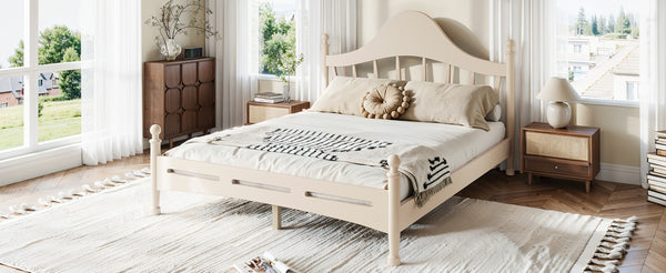 English Elm Queen Platform Bed Solid Pine Curved Headboard Low Profile Frame for Modern Bedroom Beige W5305S00099