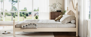 English Elm Queen Platform Bed Solid Pine Curved Headboard Low Profile Frame for Modern Bedroom Beige W5305S00099