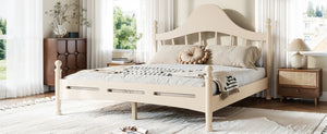 English Elm Queen Platform Bed Solid Pine Curved Headboard Low Profile Frame for Modern Bedroom Beige W5305S00099
