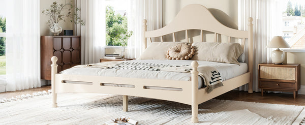 English Elm Queen Platform Bed Solid Pine Curved Headboard Low Profile Frame for Modern Bedroom Beige W5305S00099