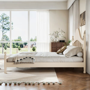 English Elm Queen Platform Bed Solid Pine Curved Headboard Low Profile Frame for Modern Bedroom Beige W5305S00099