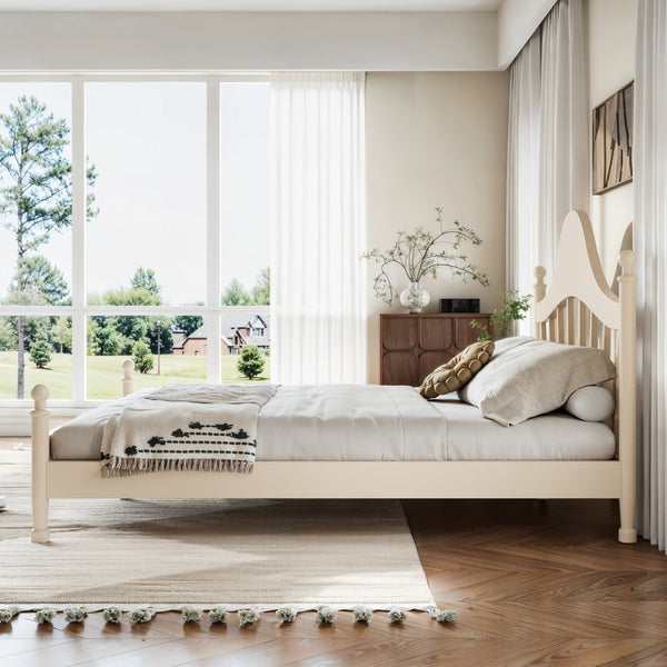 English Elm Queen Platform Bed Solid Pine Curved Headboard Low Profile Frame for Modern Bedroom Beige W5305S00099