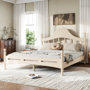 English Elm Queen Platform Bed Solid Pine Curved Headboard Low Profile Frame for Modern Bedroom Beige W5305S00099
