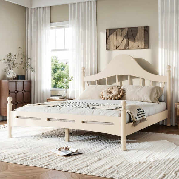 English Elm Queen Platform Bed Solid Pine Curved Headboard Low Profile Frame for Modern Bedroom Beige W5305S00099