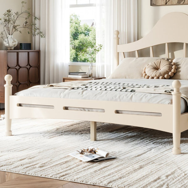 English Elm Queen Platform Bed Solid Pine Curved Headboard Low Profile Frame for Modern Bedroom Beige W5305S00099