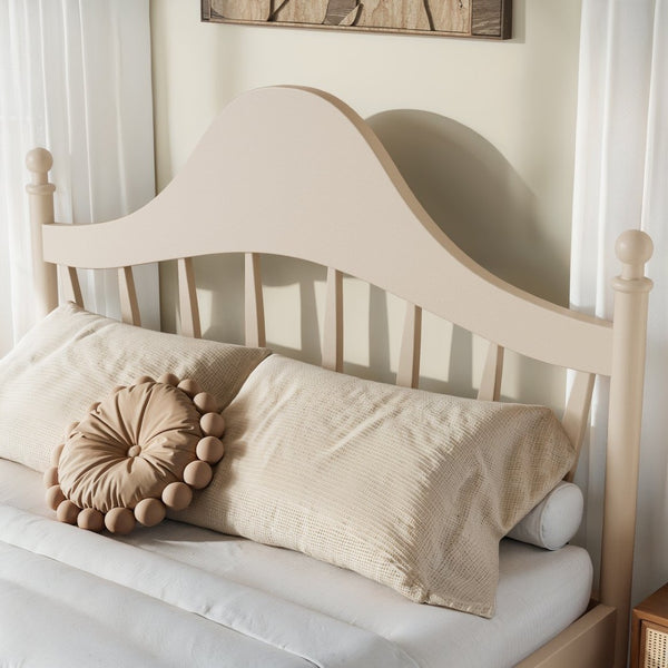 English Elm Queen Platform Bed Solid Pine Curved Headboard Low Profile Frame for Modern Bedroom Beige W5305S00099
