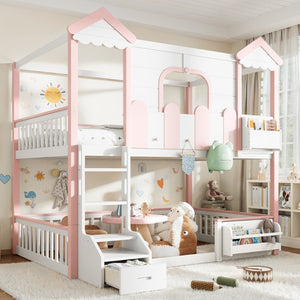 English Elm Full Over Pine Wood Playhouse Bunk Bed with Bookshelf Drawer and Peaked Roof Design White & Pink W5305S00101