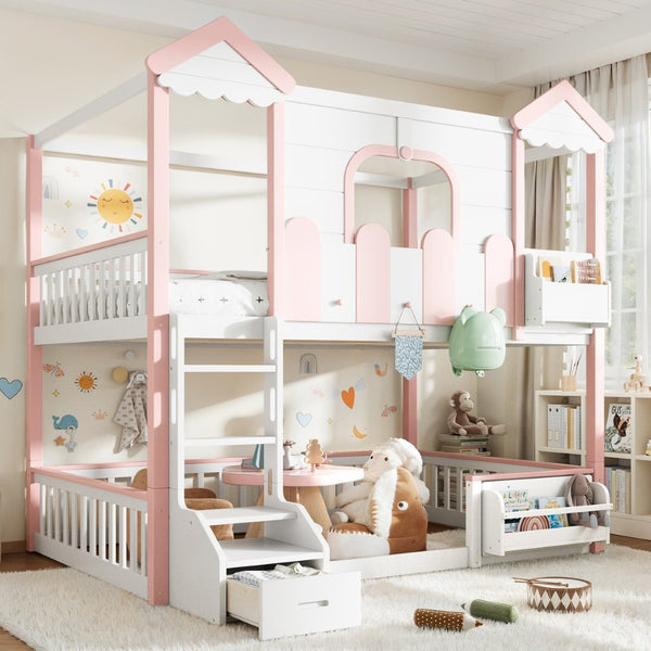 English Elm Full Over Pine Wood Playhouse Bunk Bed with Bookshelf Drawer and Peaked Roof Design White & Pink W5305S00101