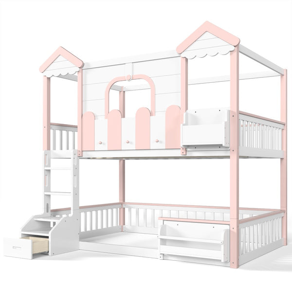 English Elm Full Over Pine Wood Playhouse Bunk Bed with Bookshelf Drawer and Peaked Roof Design White & Pink W5305S00101