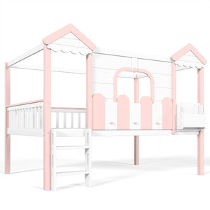 English Elm Full Over Pine Wood Playhouse Bunk Bed with Bookshelf Drawer and Peaked Roof Design White & Pink W5305S00101