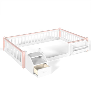 English Elm Full Over Pine Wood Playhouse Bunk Bed with Bookshelf Drawer and Peaked Roof Design White & Pink W5305S00101