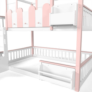 English Elm Full Over Pine Wood Playhouse Bunk Bed with Bookshelf Drawer and Peaked Roof Design White & Pink W5305S00101