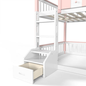 English Elm Full Over Pine Wood Playhouse Bunk Bed with Bookshelf Drawer and Peaked Roof Design White & Pink W5305S00101