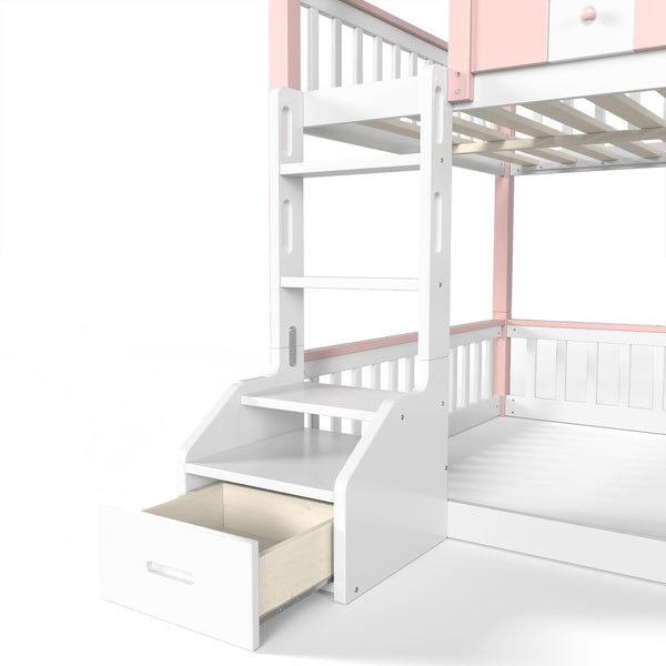 English Elm Full Over Pine Wood Playhouse Bunk Bed with Bookshelf Drawer and Peaked Roof Design White & Pink W5305S00101