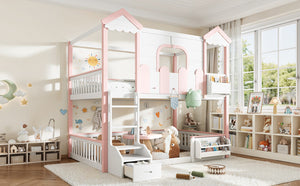 English Elm Full Over Pine Wood Playhouse Bunk Bed with Bookshelf Drawer and Peaked Roof Design White & Pink W5305S00101
