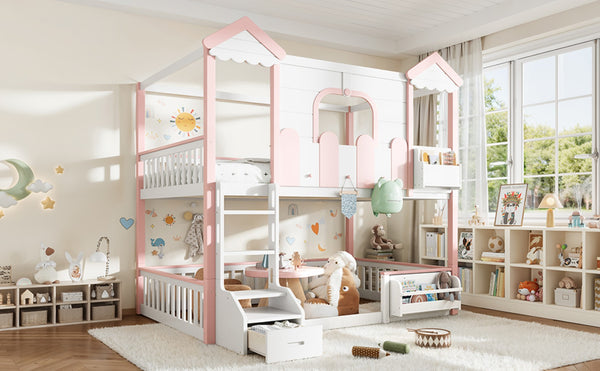 English Elm Full Over Pine Wood Playhouse Bunk Bed with Bookshelf Drawer and Peaked Roof Design White & Pink W5305S00101
