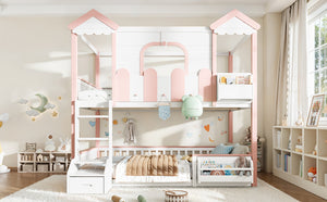 English Elm Full Over Pine Wood Playhouse Bunk Bed with Bookshelf Drawer and Peaked Roof Design White & Pink W5305S00101