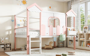 English Elm Full Over Pine Wood Playhouse Bunk Bed with Bookshelf Drawer and Peaked Roof Design White & Pink W5305S00101