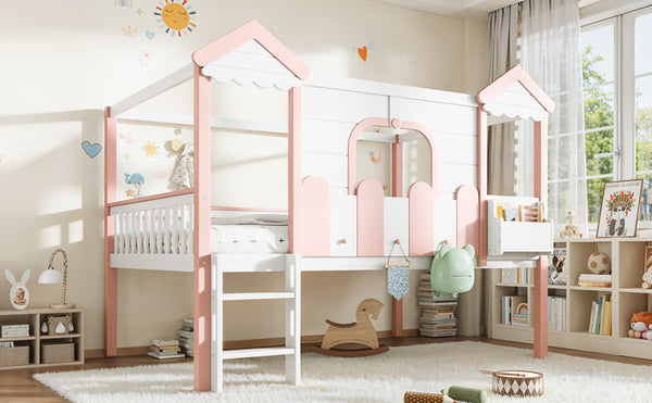 English Elm Full Over Pine Wood Playhouse Bunk Bed with Bookshelf Drawer and Peaked Roof Design White & Pink W5305S00101